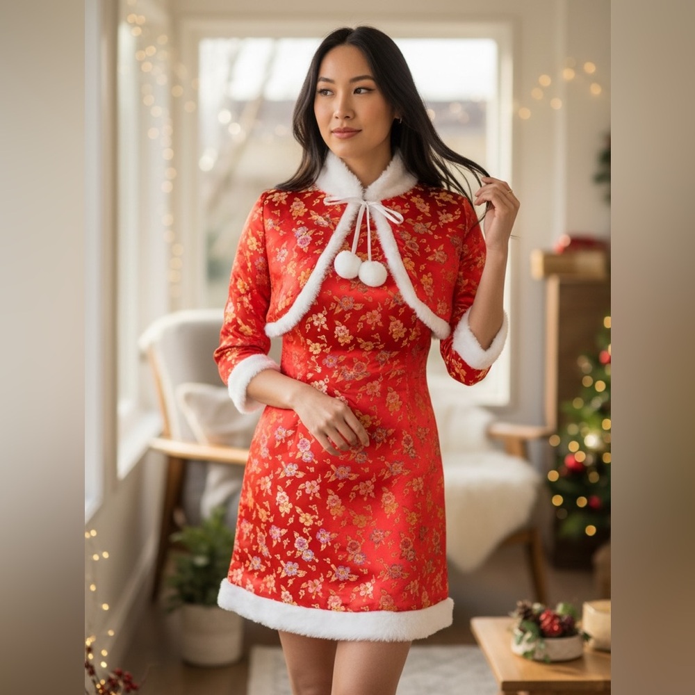 Vintage Eastern Collection Fur Trimmed Cheongsam Dress & Matching Jacket